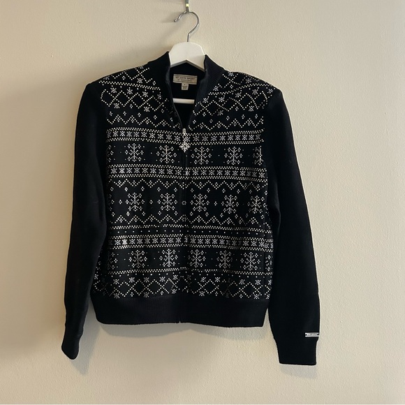 St. John Sport by Marie Gray Black Cardigan Sweater Zip Up Metallic Snowflake P - Picture 1 of 12